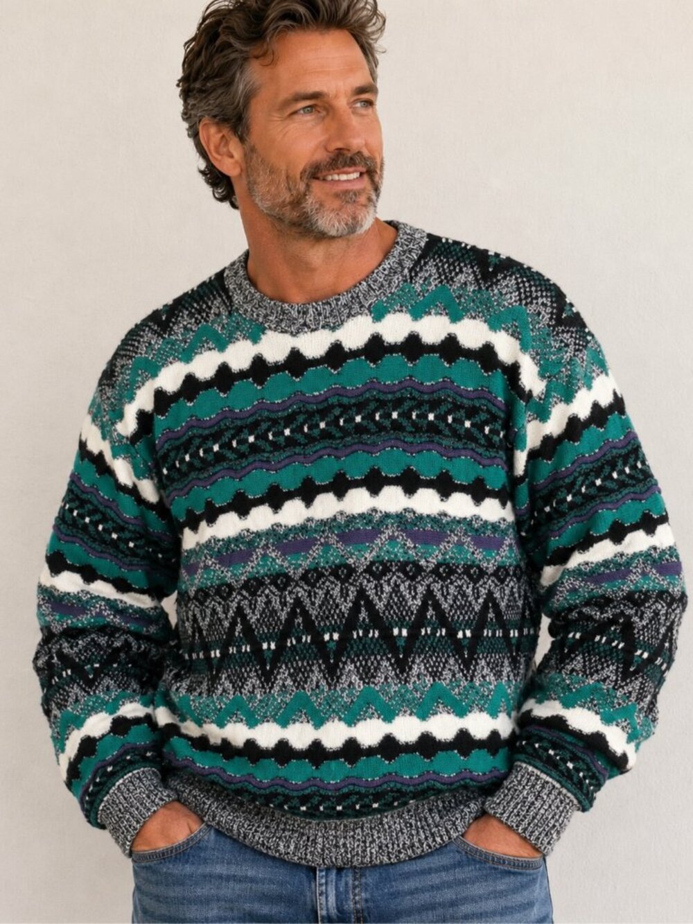 Concrete Vintage Crewneck Sweater 3D Knit Textured Striped Chunky Pullover Sz XL